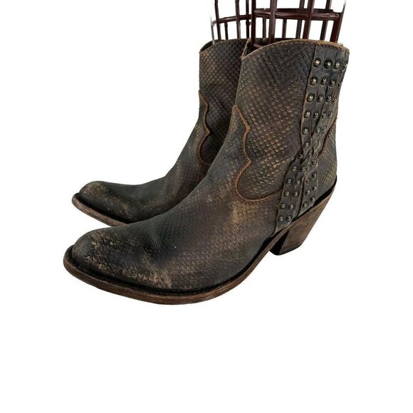 Liberty Black Snakeskin Studded  ankle boots US 10.5 Brown R-Toe Western Cowboy - Picture 1 of 13
